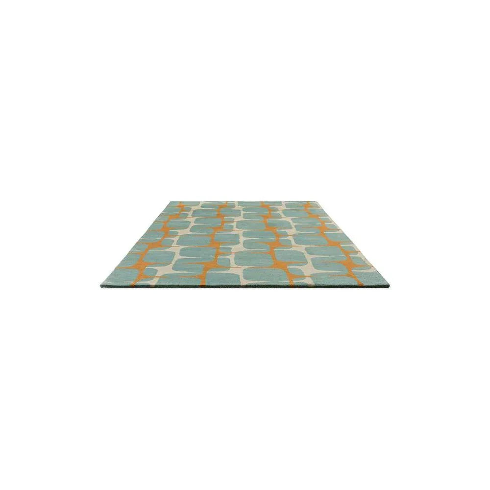 Scion Going Lohko - Sky Designer Rug featuring geometric grid pattern in turquoise, orange and cream on pale cream background, hand-tufted wool