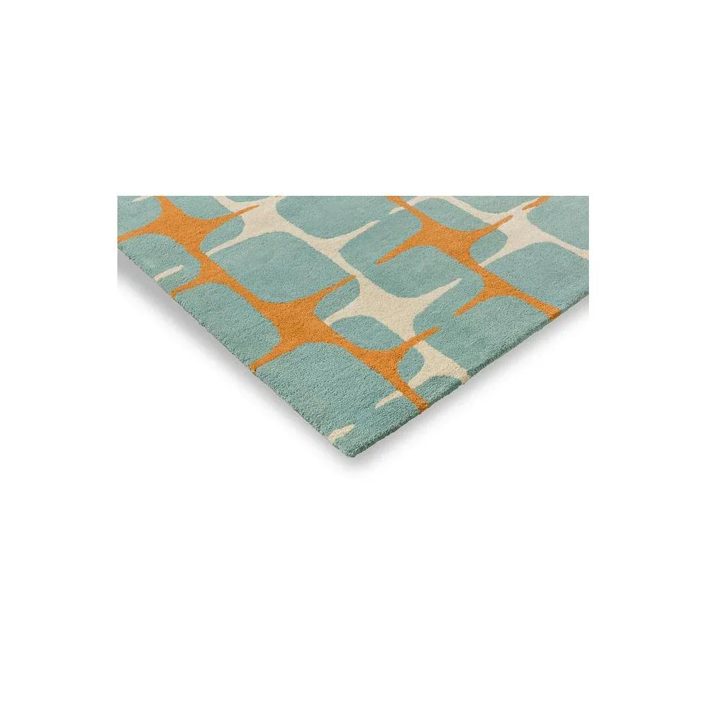Scion Going Lohko - Sky Designer Rug featuring geometric lattice pattern in teal, turquoise and orange on cream background, hand-tufted wool