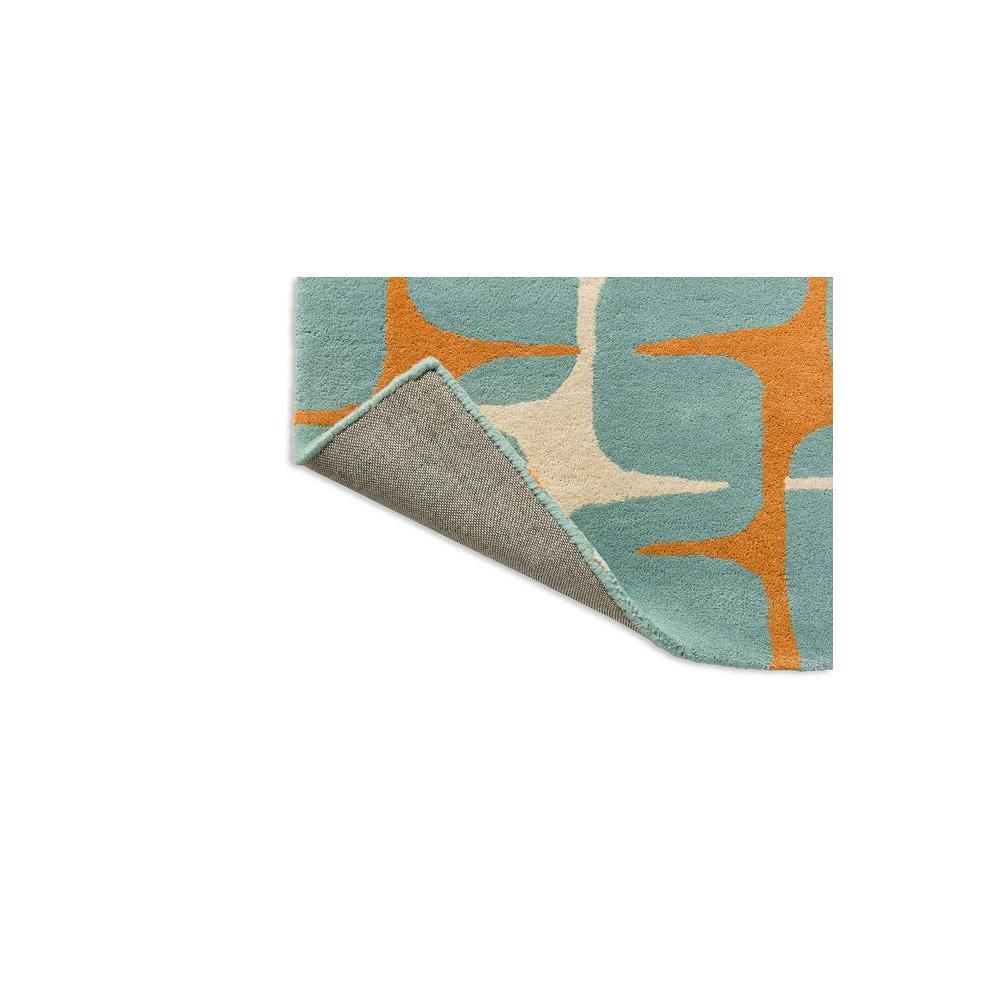 Scion Going Lohko - Sky Designer Rug featuring abstract geometric pattern in teal, burnt orange, cream on pale teal background, hand-tufted wool