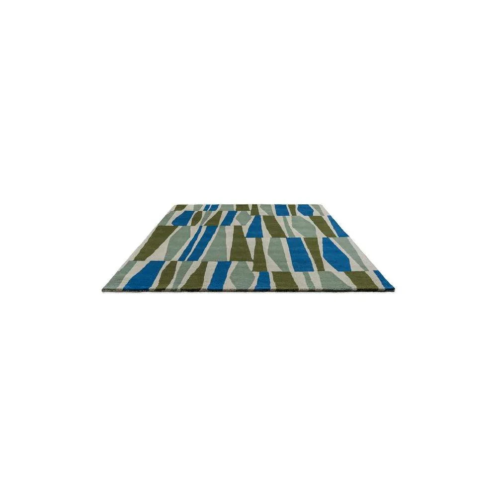 Scion Saku Olive Designer Rug featuring geometric block pattern in olive, blue and sage on cream background, hand-tufted wool