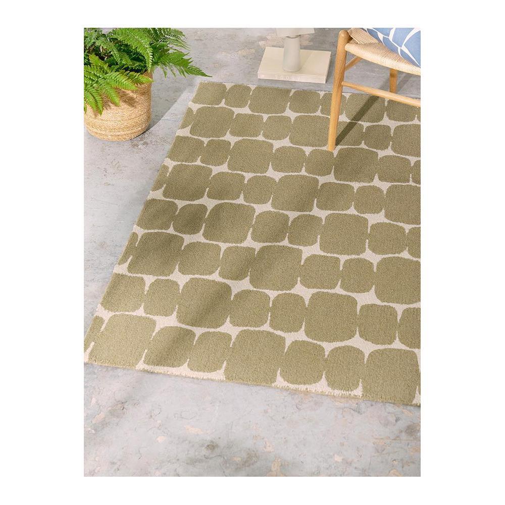 Scion Little Lohko Pebble rug featuring geometric pebble pattern in olive/khaki and cream on ivory background, hand-tufted wool