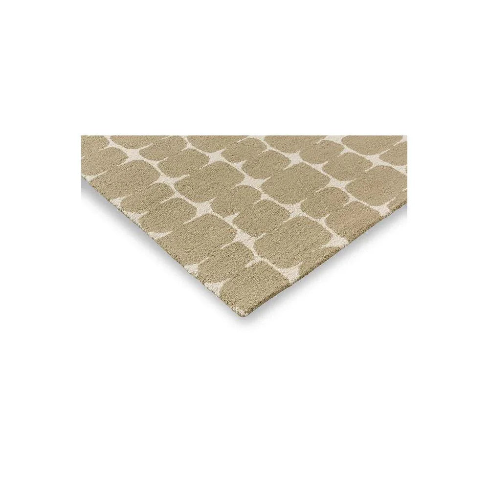 Scion Little Lohko Pebble Designer Rug featuring geometric lattice pattern in ivory and taupe on beige background, woven finish