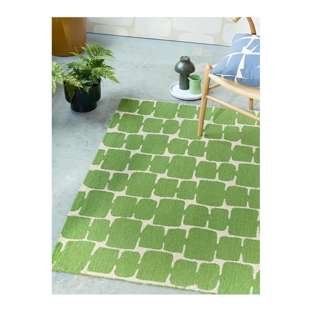 Scion Little Lohko Juniper Rug featuring geometric block pattern in juniper green and white on light grey background, machine-made fibre