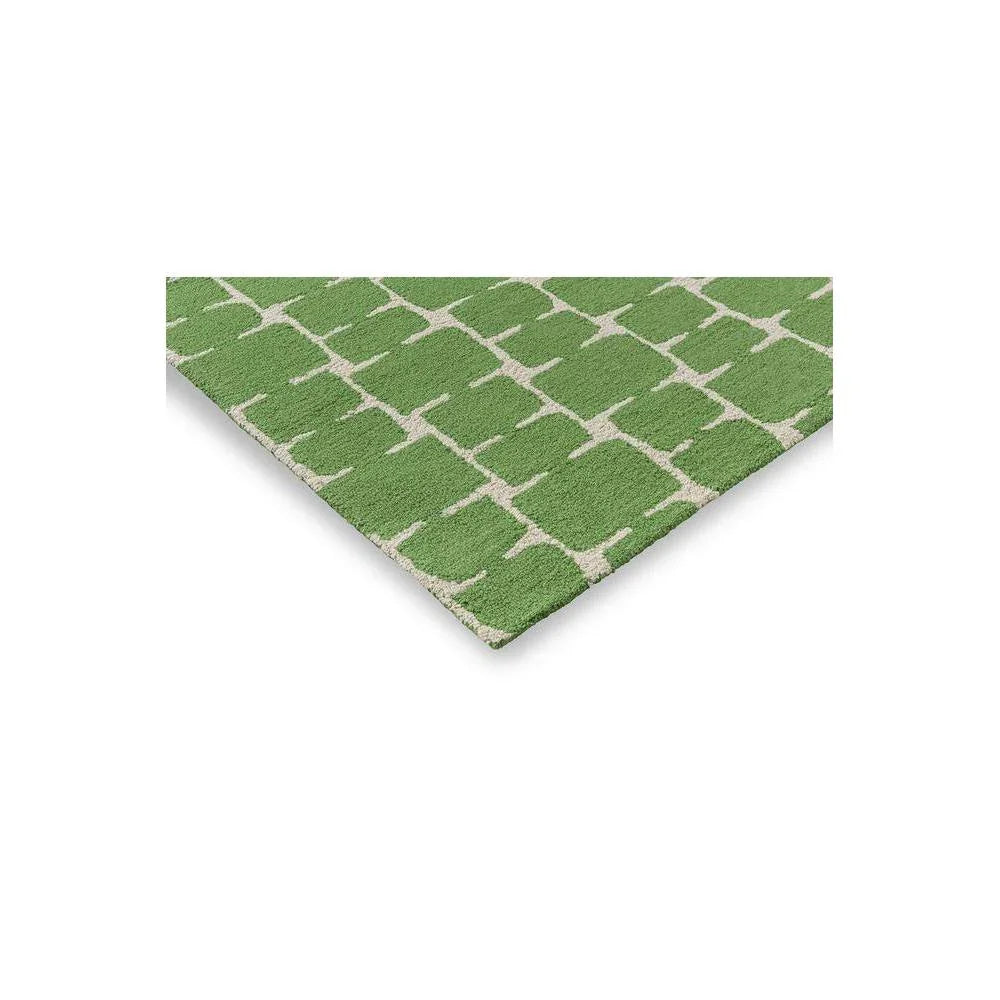 Scion Little Lohko Juniper Designer Rug featuring lattice pattern in juniper green and ivory on white background, hand-tufted wool