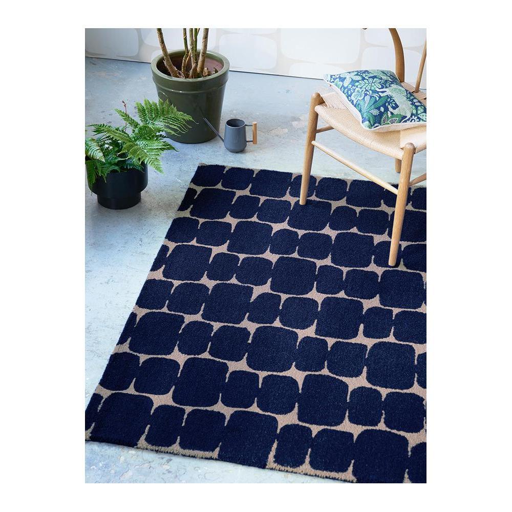 Scion Little Lohko - Indigo Designer Rug featuring geometric rounded-square pattern in navy blue on cream-beige background, hand-tufted wool