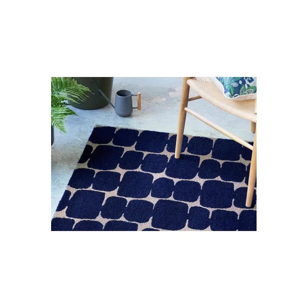 Scion Little Lohko Indigo Designer Rug featuring geometric rounded-square pattern in navy indigo on cream background, machine-loomed polyester