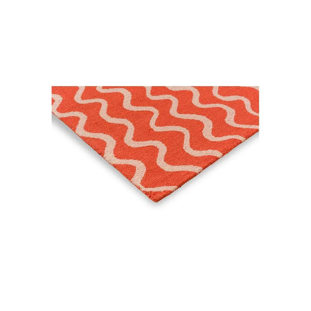 Scion Ribbon - Coral Designer Rug featuring coral and white wavy ribbon pattern on coral field, machine-made polypropylene