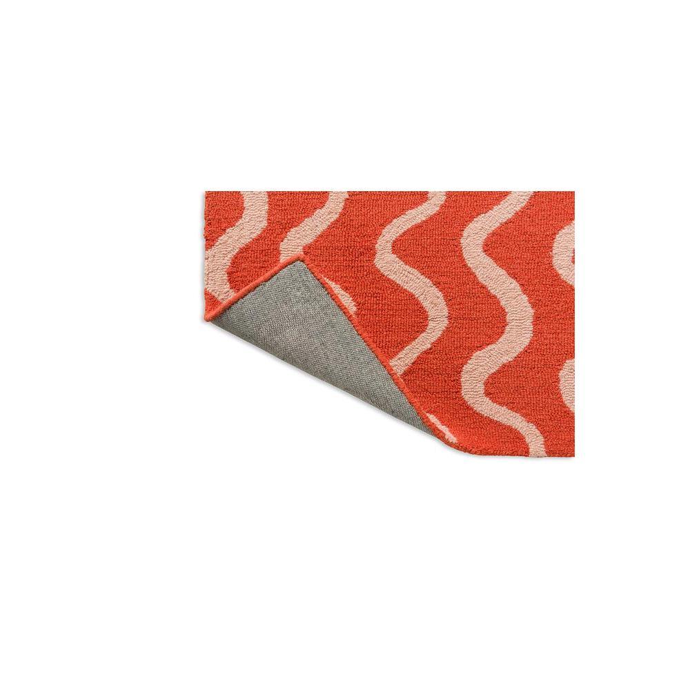 Scion Ribbon Coral Designer Rug featuring wavy stripe pattern in coral, blush pink and light grey on warm coral background, hand-tufted wool