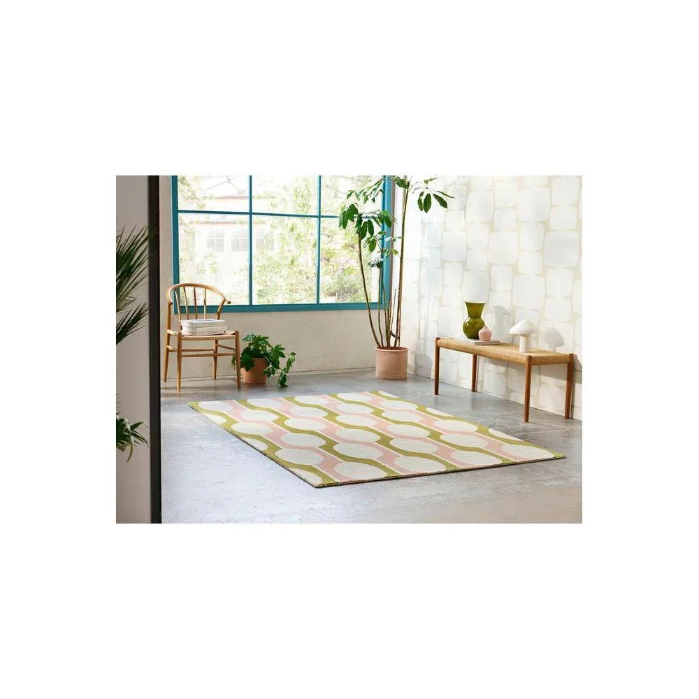 Scion Billow Lichen Designer Rug featuring retro scalloped pattern in pink, cream and sage on beige, power-loomed polyester