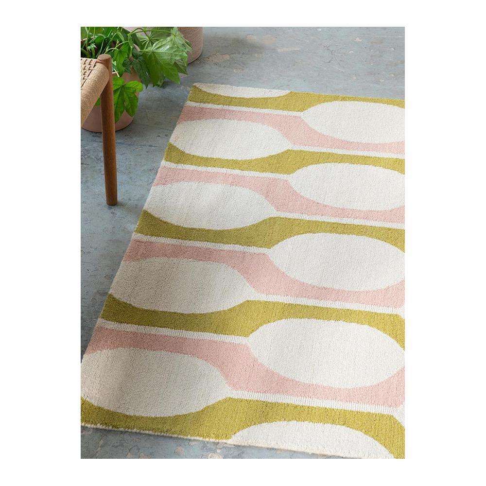 Scion Billow Lichen designer rug featuring wavy stripe pattern in dusty pink and olive on cream background, hand-tufted wool