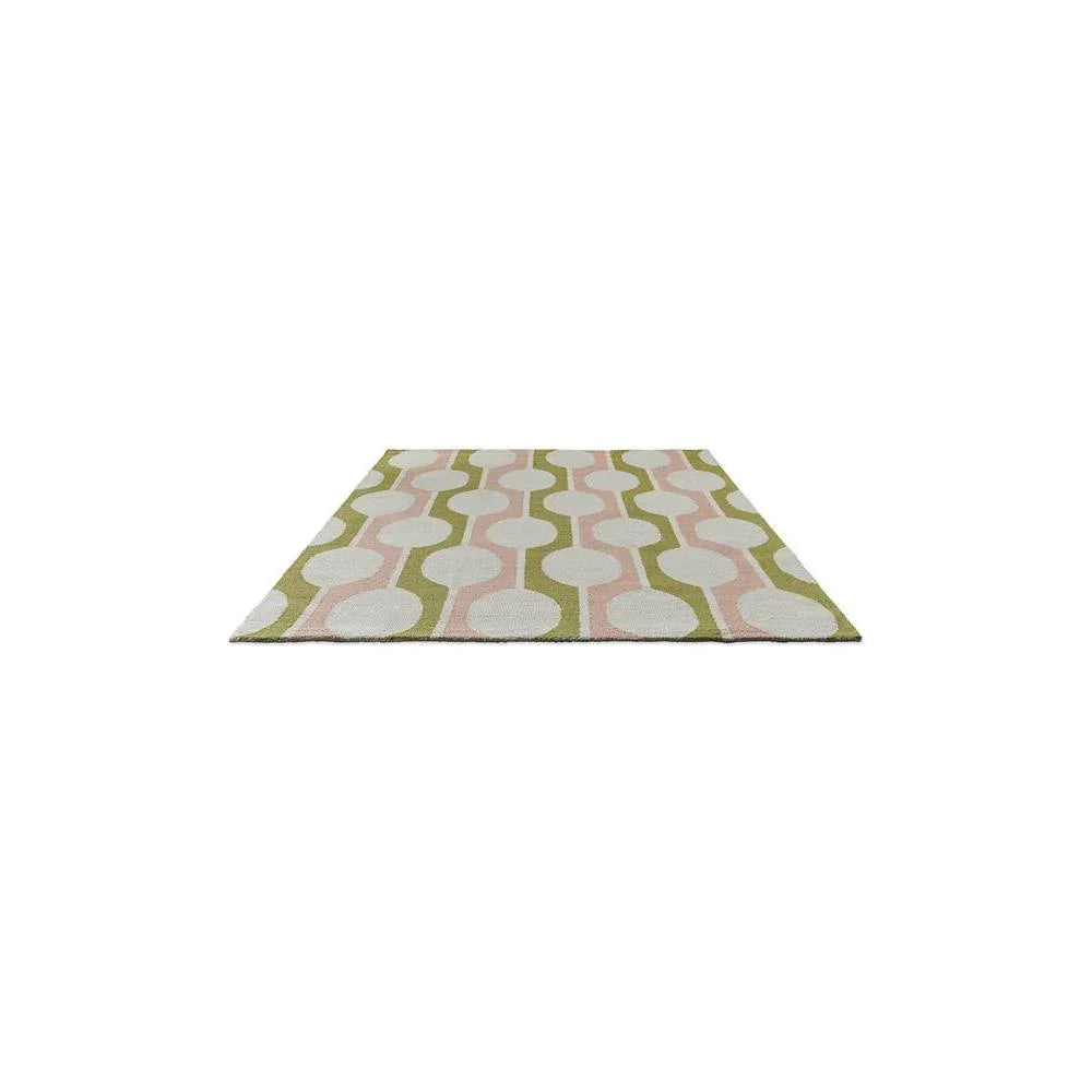 Scion Billow - Lichen Designer Rug featuring retro geometric chain pattern in olive green, dusty pink and cream on pale ivory background, hand-tufted wool