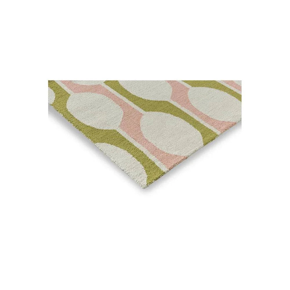 Scion Billow - Lichen Designer Rug featuring retro pattern in lime green, pink and cream on ivory, hand-tufted wool