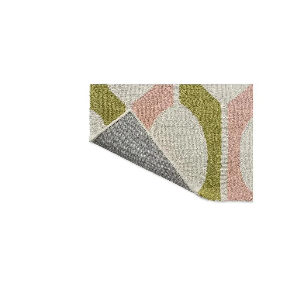 Scion Billow Lichen Designer Rug featuring geometric retro pattern in olive, dusty pink, cream and sage on beige, machine-made polypropylene