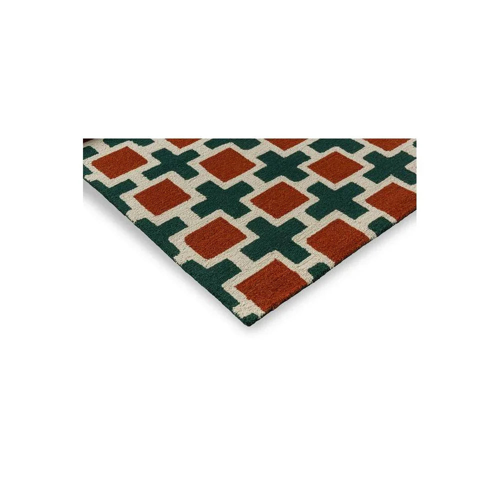 Scion Hatch Rust Designer Rug featuring geometric lattice pattern in rust red, forest green and cream on ivory background, machine-loomed wool