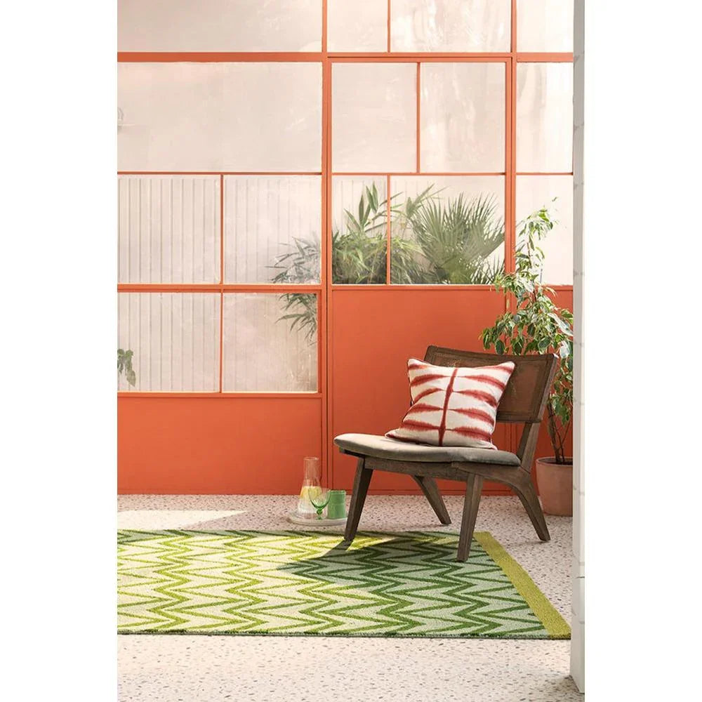 Scion Dhurrie Green Designer Outdoor Rug featuring lime green, emerald and olive chevron on beige backdrop, flatwoven dhurrie