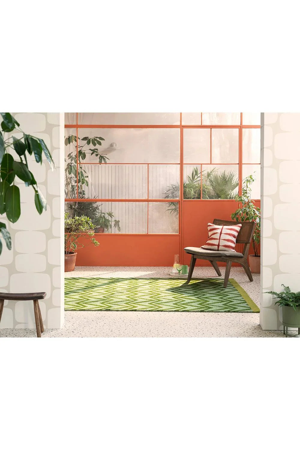 Scion Dhurrie Green Designer Outdoor Rug featuring zigzag chevron in lime, emerald and olive on pale green background, flatwoven polypropylene outdoor dhurrie