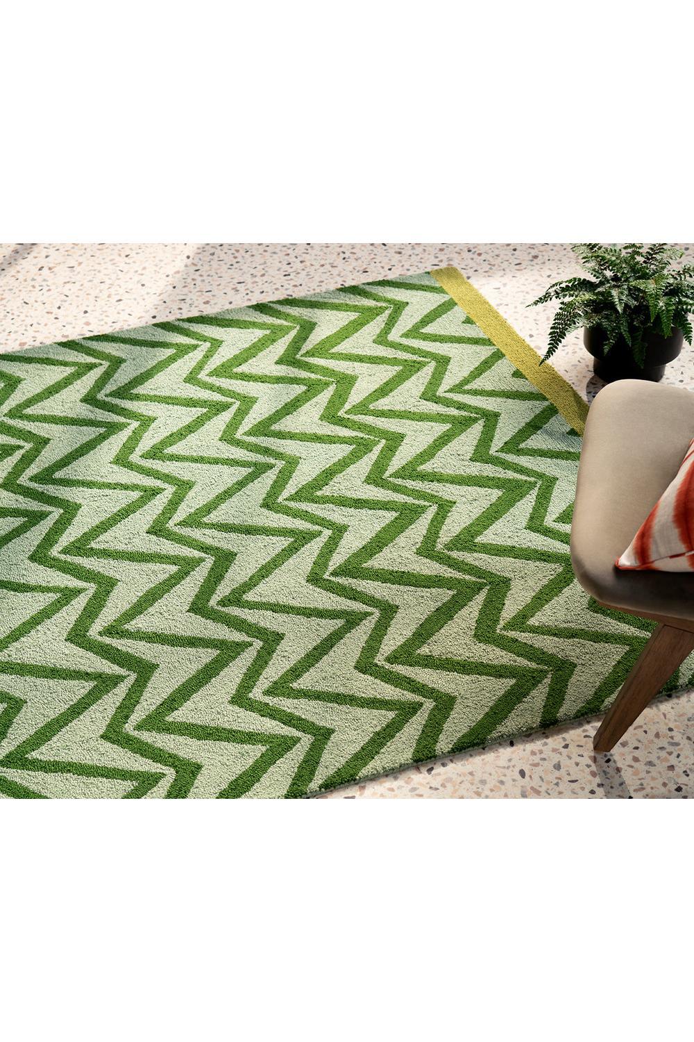 Scion Dhurrie Green Designer Outdoor Rug featuring lime and olive zigzag chevron on cream background, flatwoven outdoor polypropylene