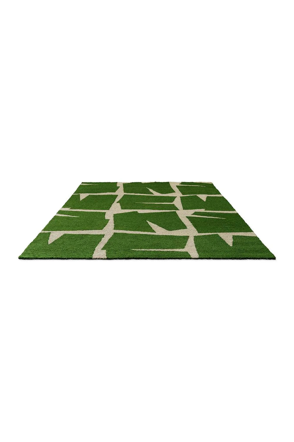 Scion Moqui Green Designer Outdoor Rug featuring geometric block pattern in emerald green, beige and olive on white background, outdoor flat-weave polypropylene