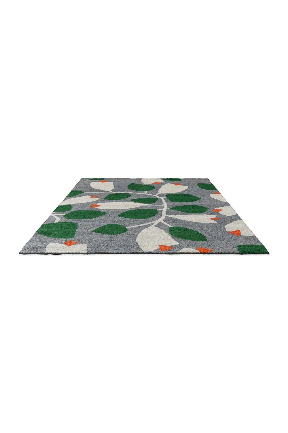 Scion Rosehip Blue outdoor rug featuring botanical leaves in emerald green, cream and orange on grey background, machine-woven polyester
