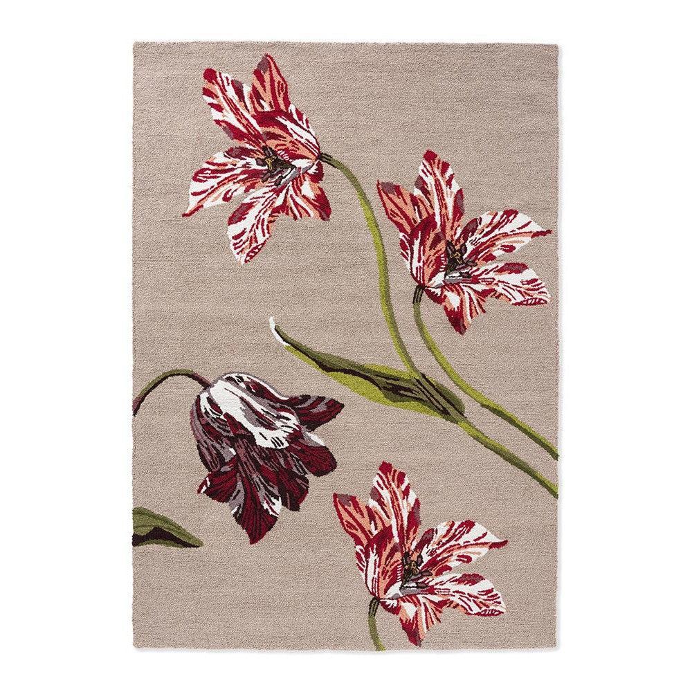 Ted Baker Botanical Tulip Burgundy Outdoor Rug featuring tulip pattern in burgundy, red, cream and green on beige, machine-made polypropylene
