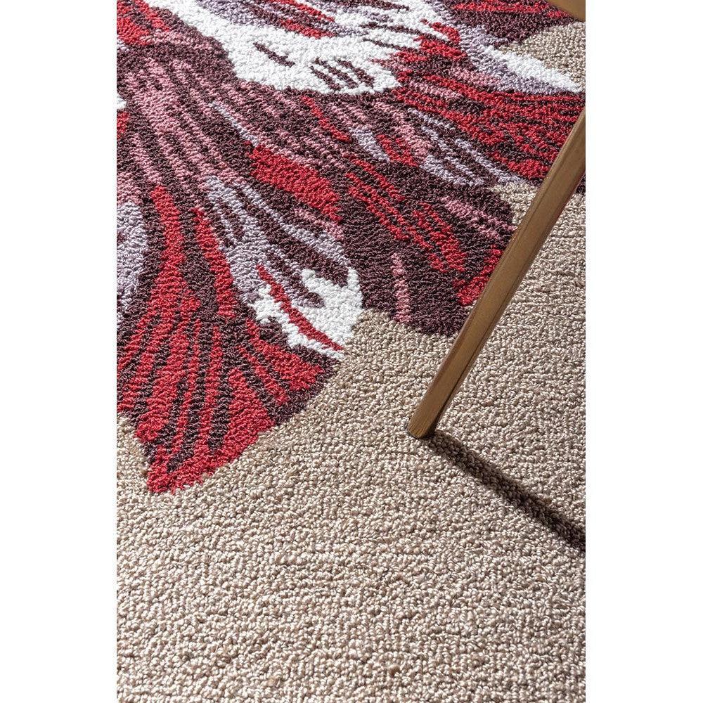 Ted Baker Botanical Tulip Burgundy outdoor rug featuring botanical floral pattern in burgundy, red and white on beige background, outdoor collection