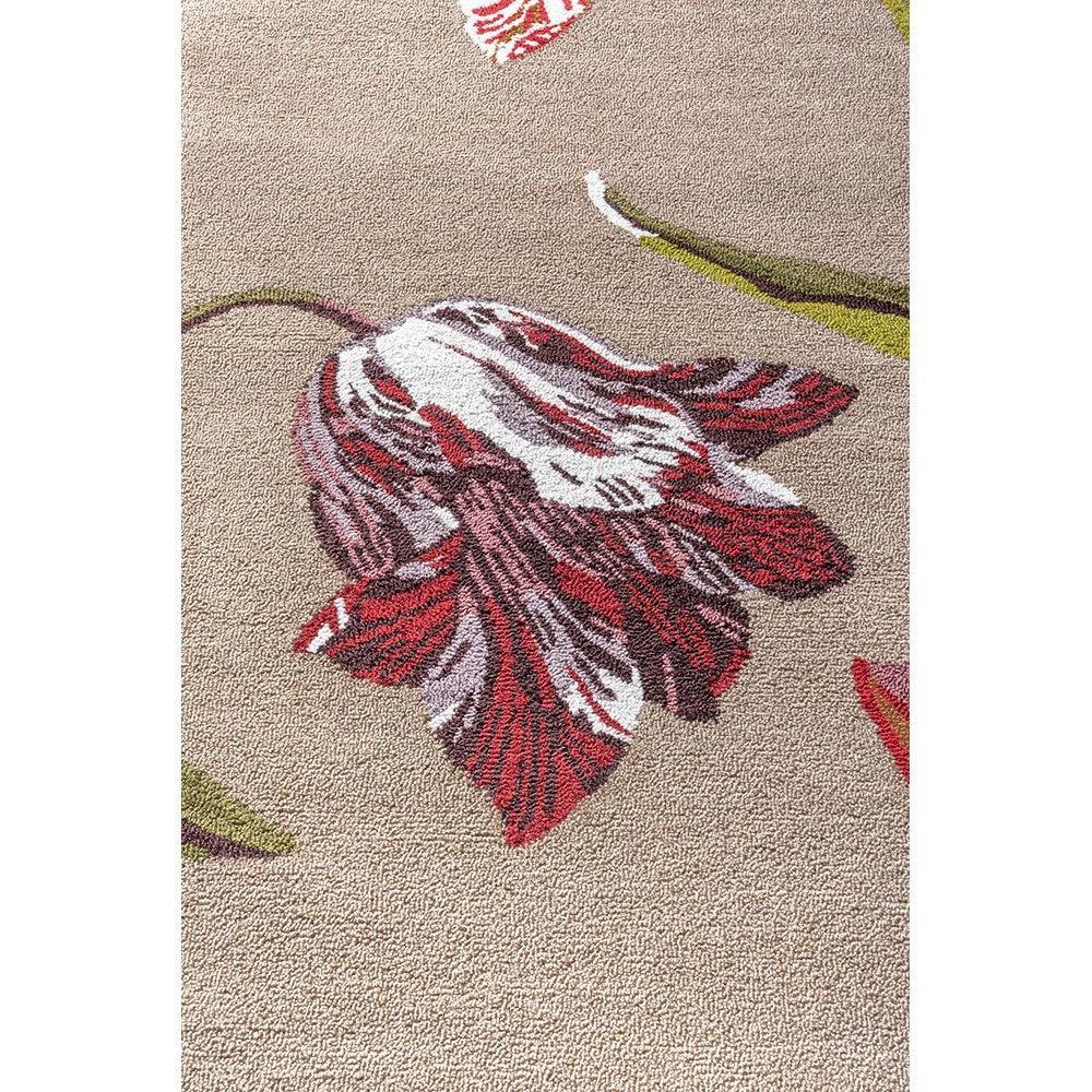 Ted Baker Botanical Tulip Burgundy outdoor rug featuring tulip pattern in burgundy, ivory and sage on beige background, power-loomed polypropylene
