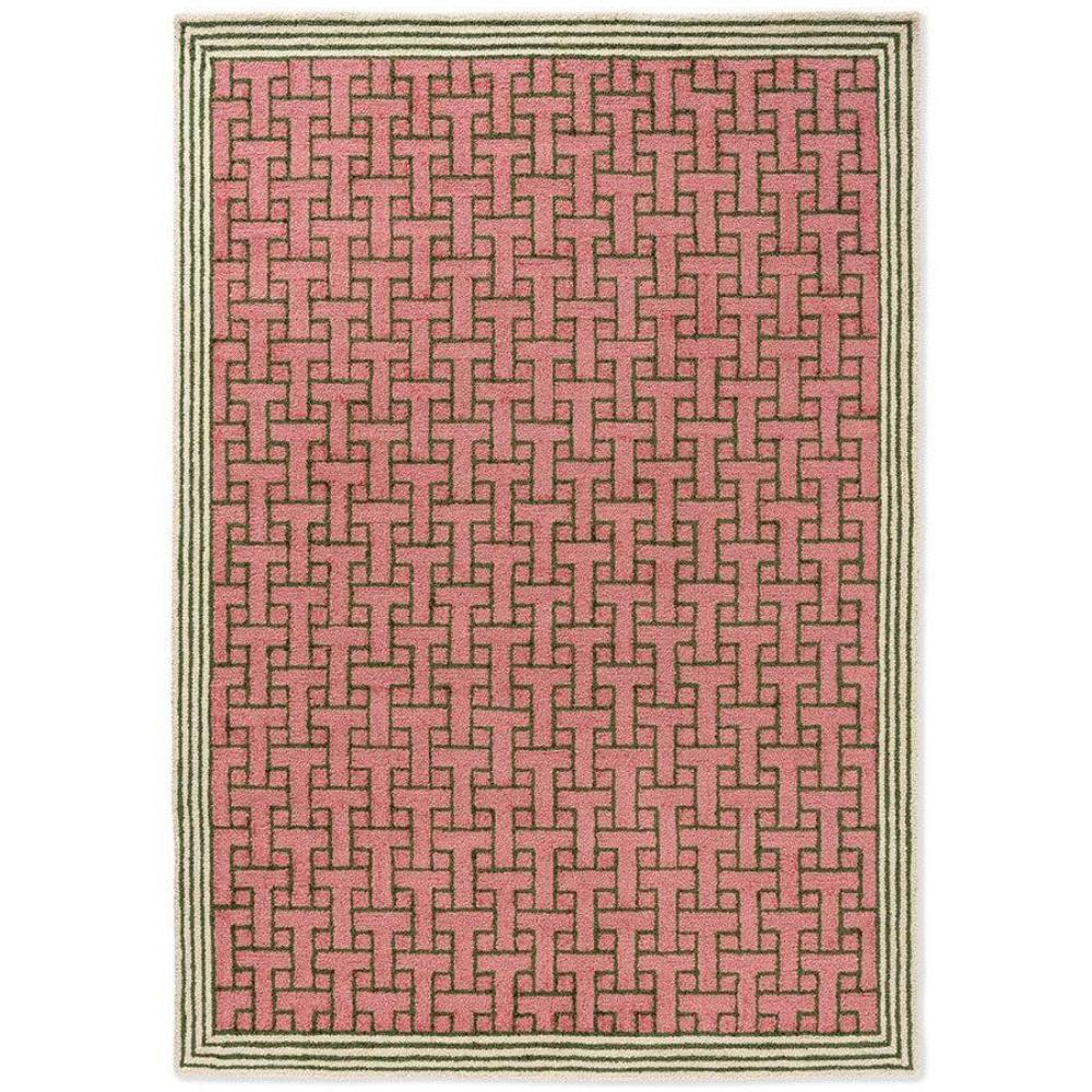 Ted Baker T Monogram Dusted Pink Outdoor Rug featuring repeating T pattern in dusty pink and rose on pale pink background, power-loomed polypropylene
