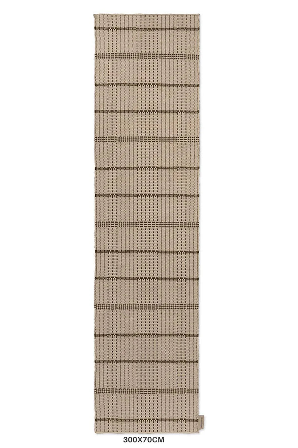Brink & Campman Zona Olive Stitch Runner featuring striped geometric pattern in beige, cream and dark brown on taupe, power-loomed polypropylene