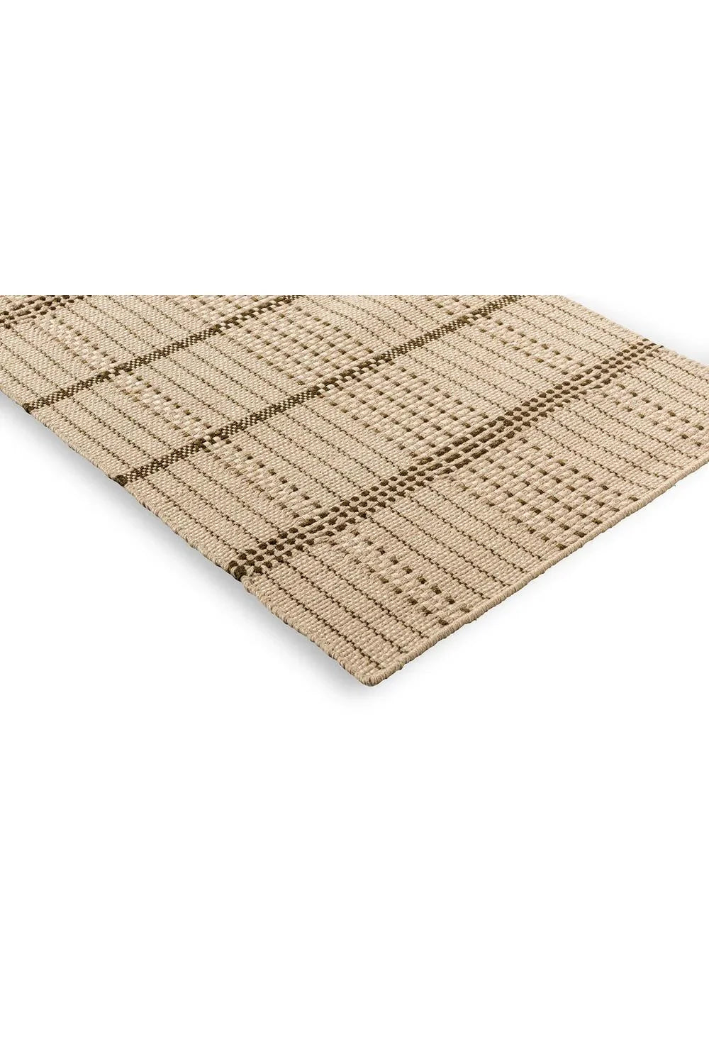 Brink & Campman Zona Olive Stitch Runner featuring linear stripe pattern in beige, taupe and brown on tan background, machine-woven polypropylene