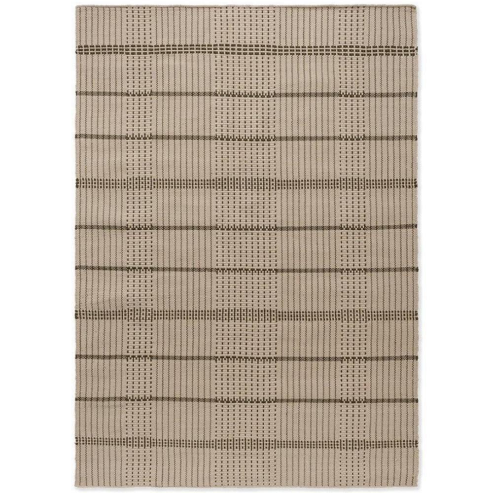 Zona Olive Stitch outdoor rug by Brink & Campman featuring plaid grid in beige and brown on tan background, machine-made polypropylene