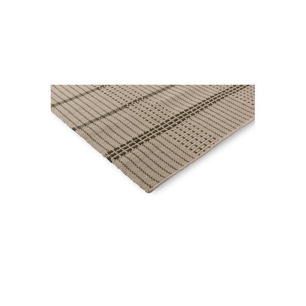 Brink & Campman Zona Olive Stitch outdoor rug featuring plaid stripe in beige, taupe and brown on tan background, machine-woven polyester