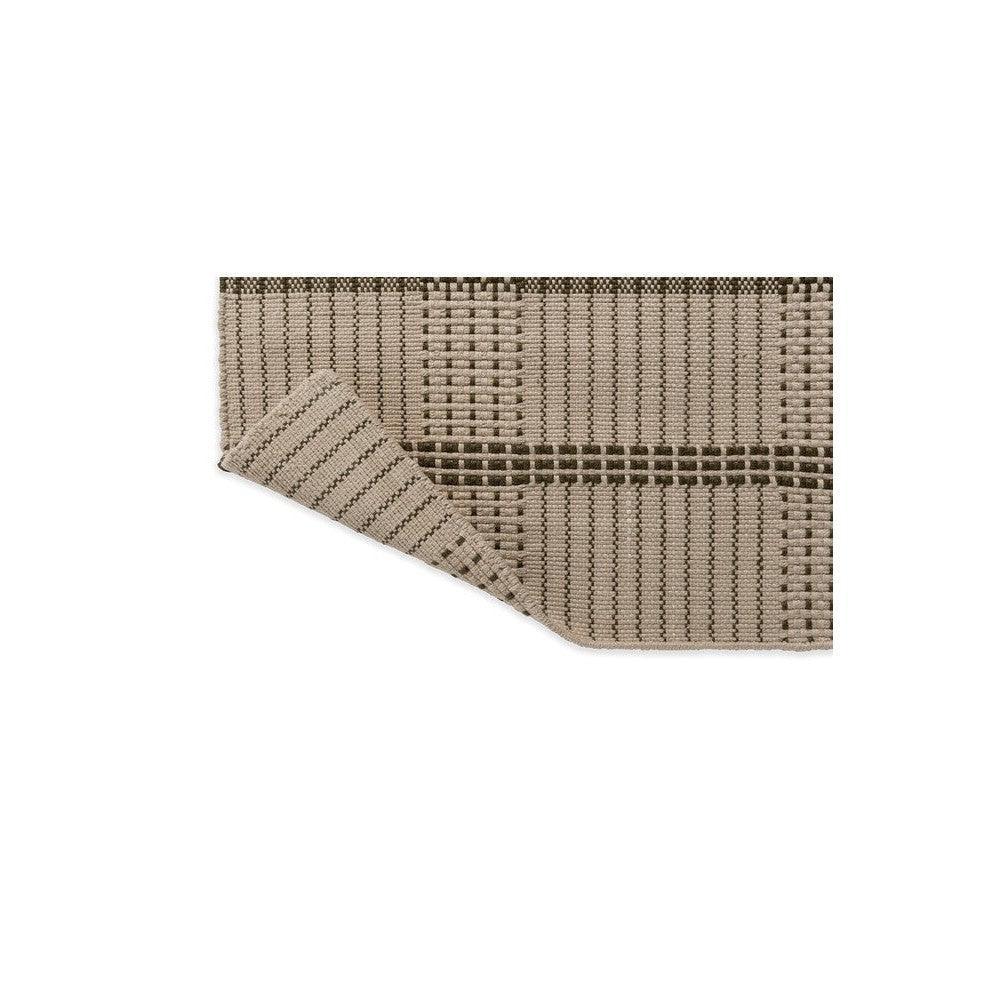 Brink & Campman Zona Olive Stitch outdoor rug featuring striped grid pattern in beige, taupe and chocolate on light beige background, machine-made polypropylene