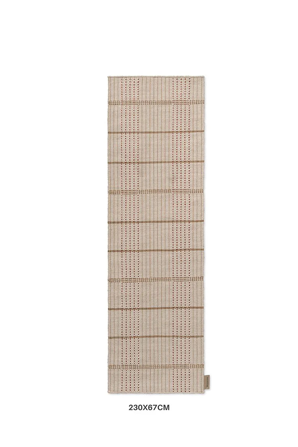 Zona Terra Stitch Runner featuring striped weave in beige, taupe and red on light beige background, machine-woven outdoor rug