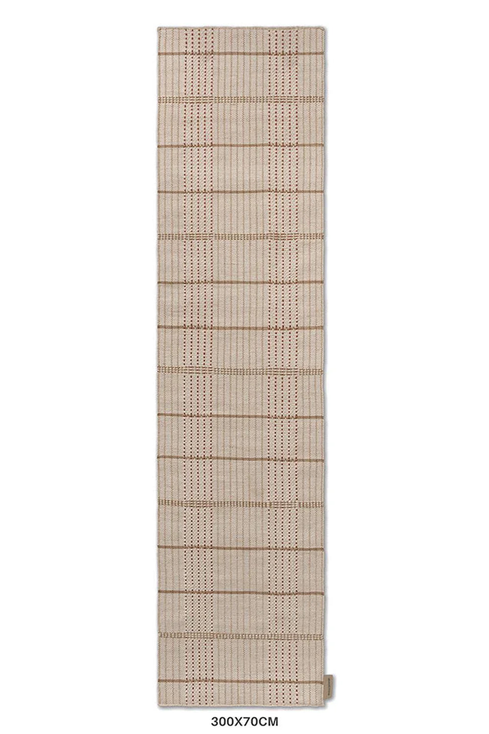 Brink & Campman Zona Terra Stitch Runner featuring geometric grid in beige, taupe and brown on cream background, woven outdoor rug, synthetic fibre