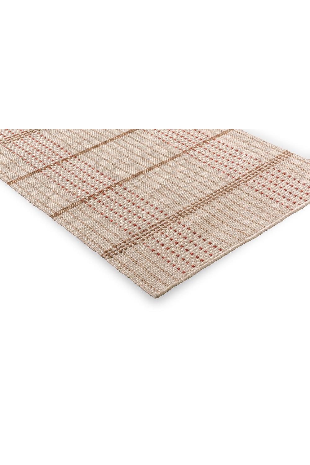 Brink & Campman Zona Terra Stitch Runner featuring plaid pattern in beige, tan and red on cream background, power-loomed polypropylene