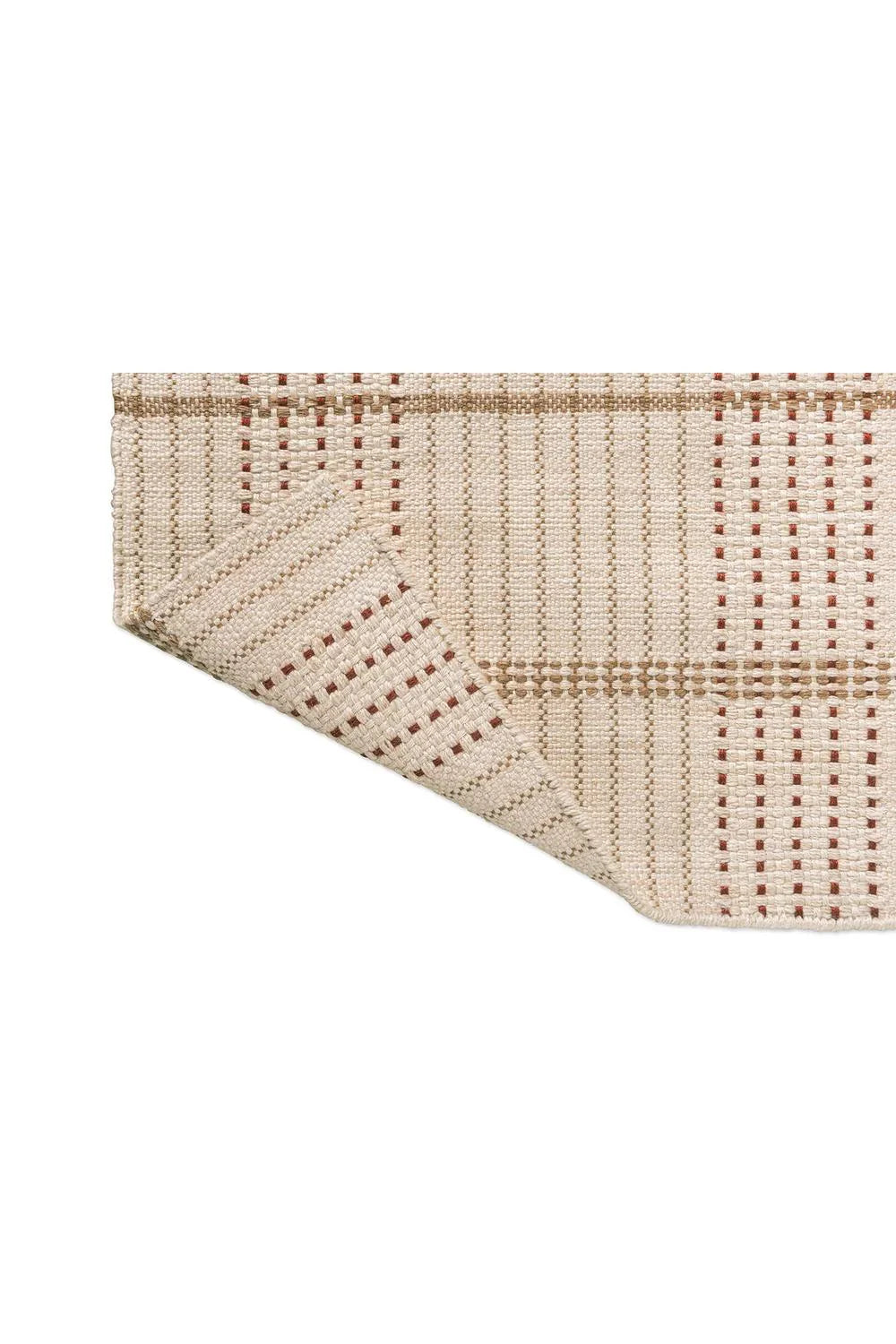 Brink & Campman Zona Terra Stitch Runner featuring geometric grid in cream, beige, tan and rust on white background, outdoor polypropylene