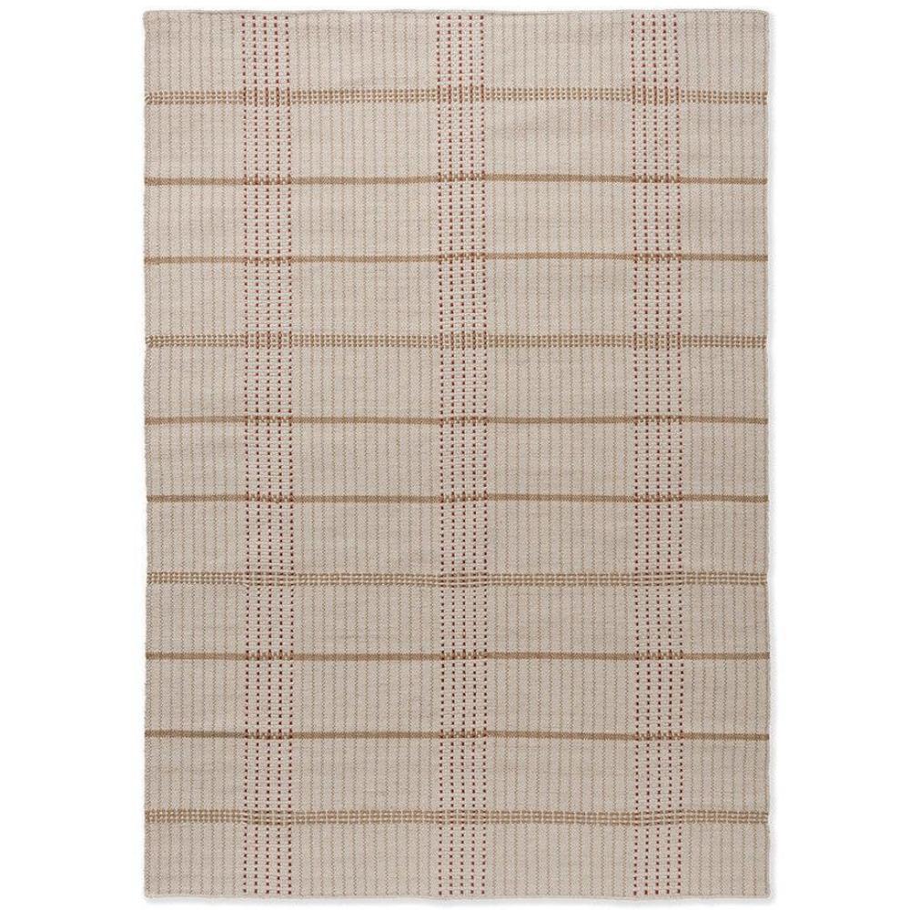 Brink & Campman Zona Terra Stitch outdoor rug featuring plaid stripe in cream, tan and rust on pale beige, machine-woven polypropylene