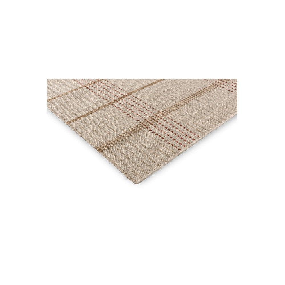 Brink & Campman Zona Terra Stitch outdoor rug featuring plaid pattern in beige, camel brown and rust on light beige, machine-woven polypropylene