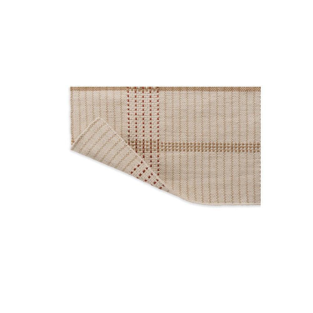 Zona Terra Stitch Outdoor Rug by Brink & Campman featuring striped pattern with red dotted accents in beige on tan, power-loomed polypropylene