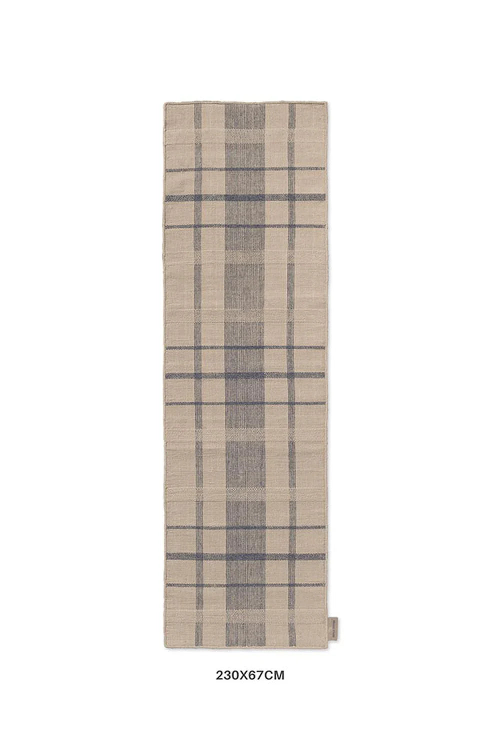 Brink & Campman Zona Denim Check Runner featuring plaid in denim blue and beige on tan outdoor background, machine-woven synthetic rug