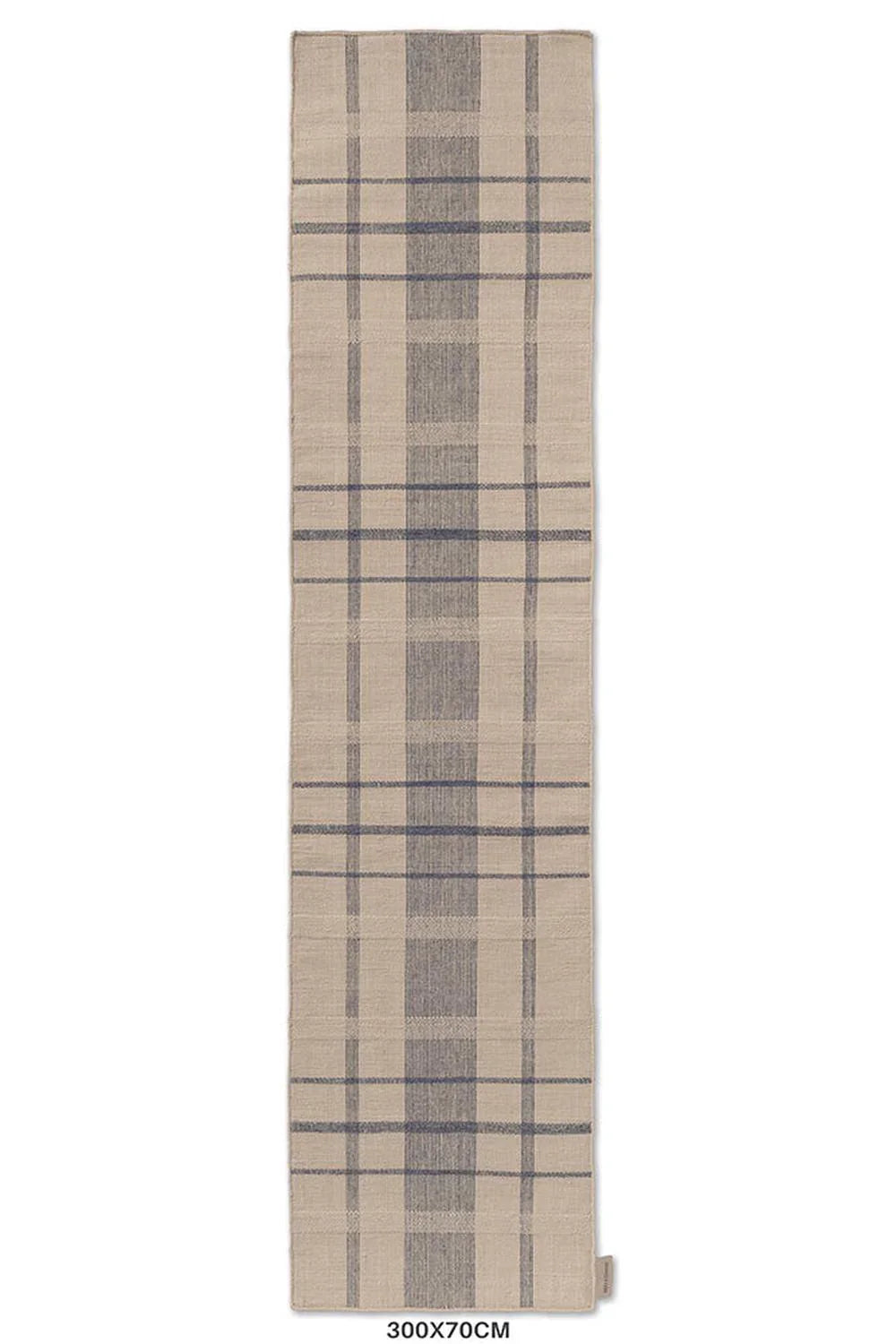 Brink & Campman Zona Denim Check Runner featuring denim blue and beige plaid on light tan background, machine-woven polypropylene