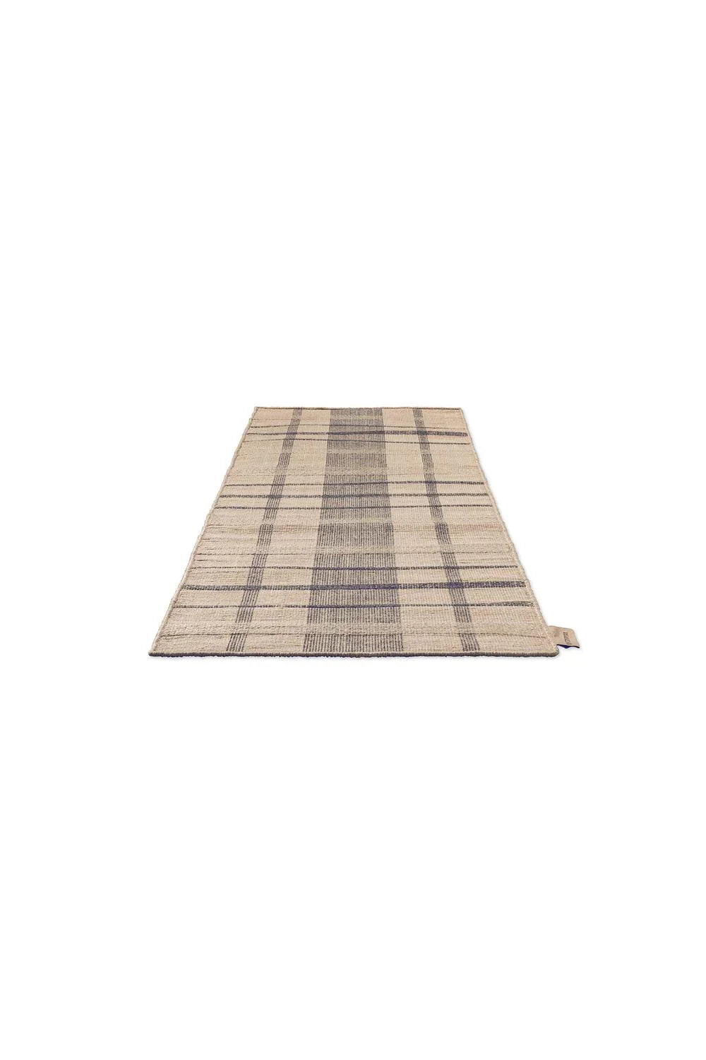 Brink & Campman Zona Denim Check Runner featuring plaid in navy, denim and beige on beige background, machine-woven polypropylene outdoor rug