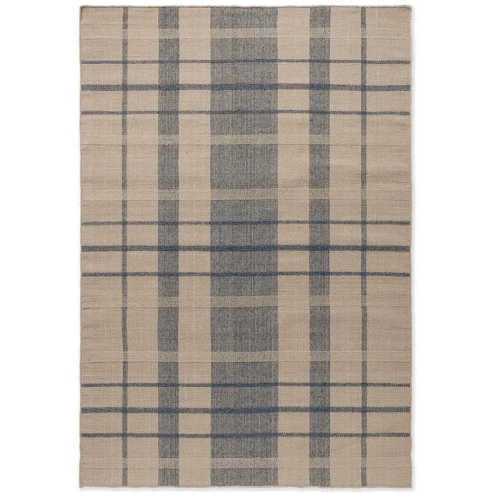Brink & Campman Zona Denim Check outdoor rug featuring plaid pattern in navy blue, indigo on beige background, machine-woven polypropylene