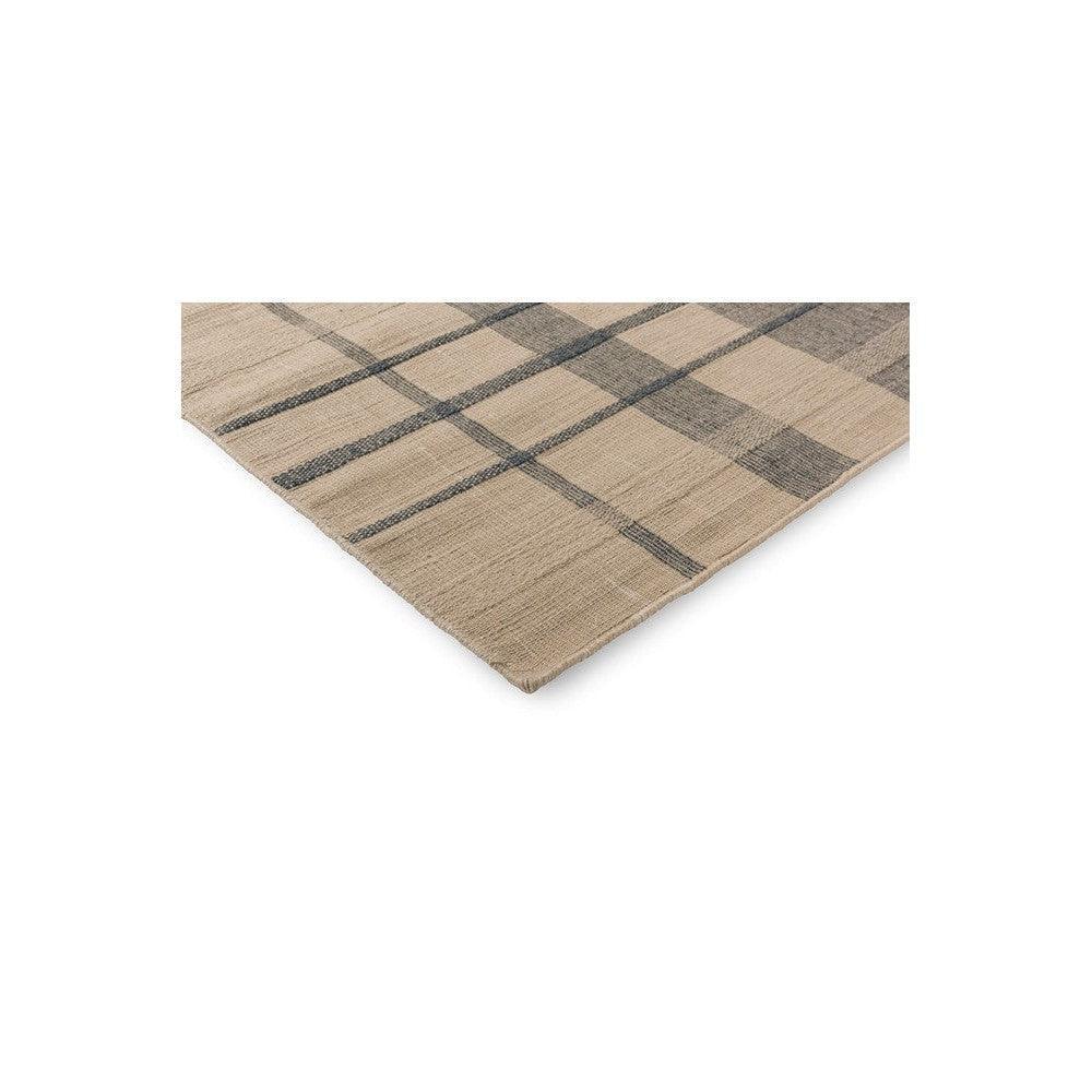 Brink & Campman Zona Denim Check outdoor rug featuring beige, taupe and charcoal plaid on sand background, machine-made polypropylene