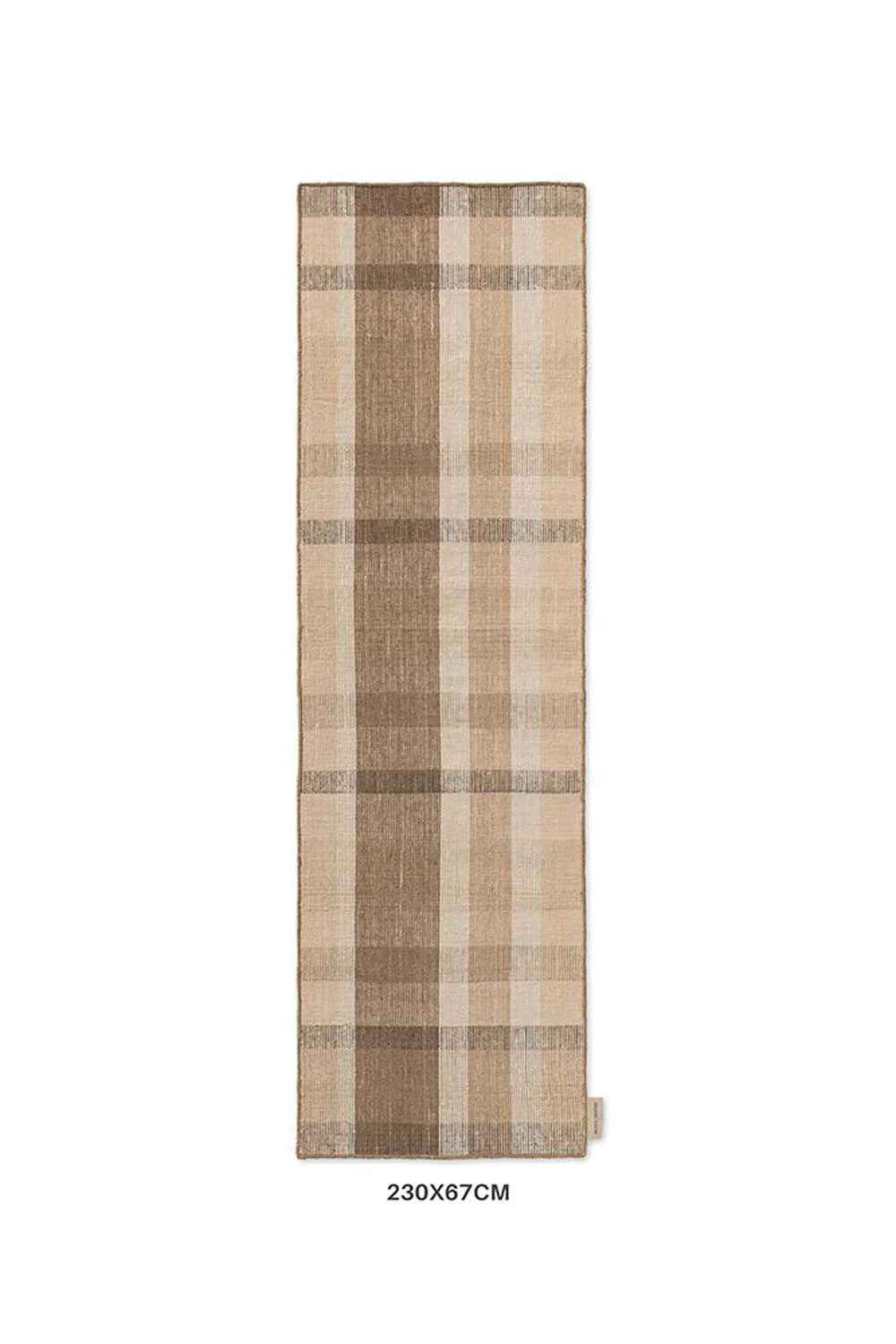 Brink & Campman Zona Cashew Block Stripe Runner outdoor rug featuring beige, cashew, tan and light brown plaid blocks on a light background, machine-woven polypropylene