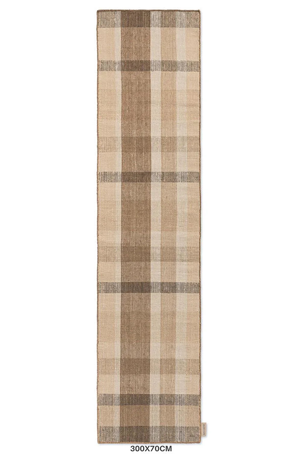 Brink & Campman Zona Cashew Block Stripe Runner featuring beige, taupe and brown plaid on light cream background, machine-made outdoor polypropylene rug