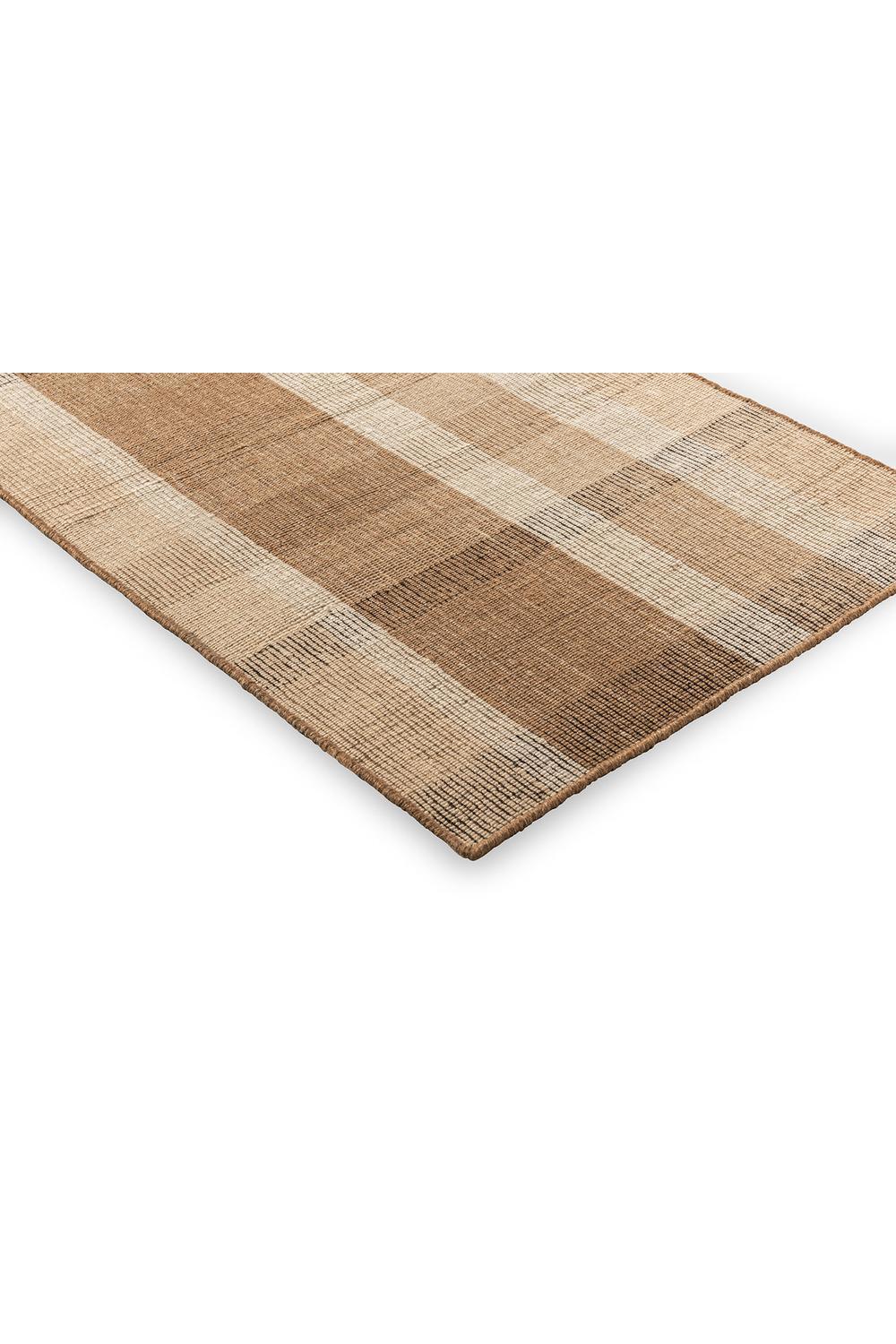 Zona Cashew Block Stripe Runner outdoor rug featuring beige, tan and brown blocks on a cashew field, woven outdoor polypropylene