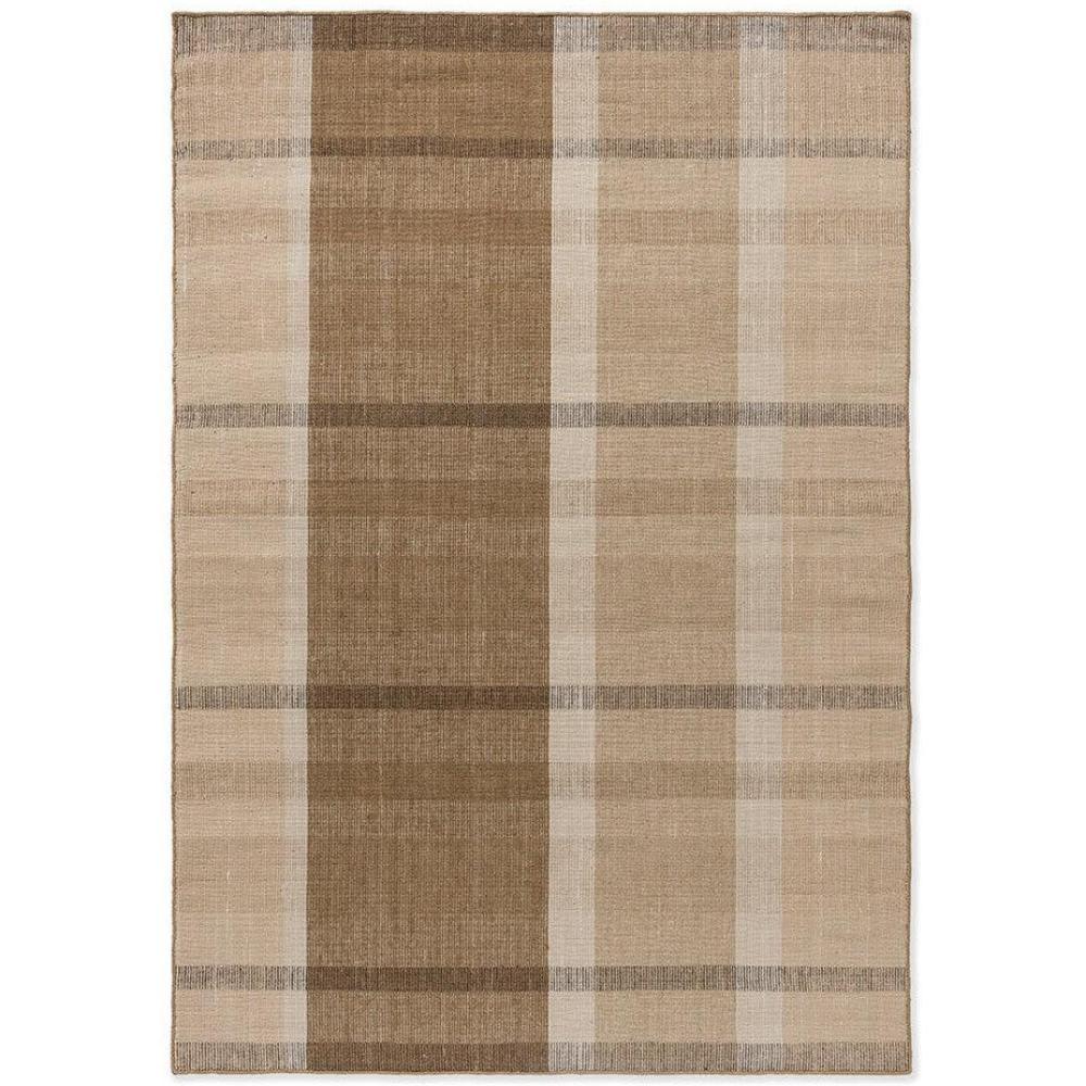 Brink & Campman Zona Cashew Block Stripe outdoor rug featuring plaid blocks in cashew, beige, taupe and brown on cream background, machine-woven polypropylene