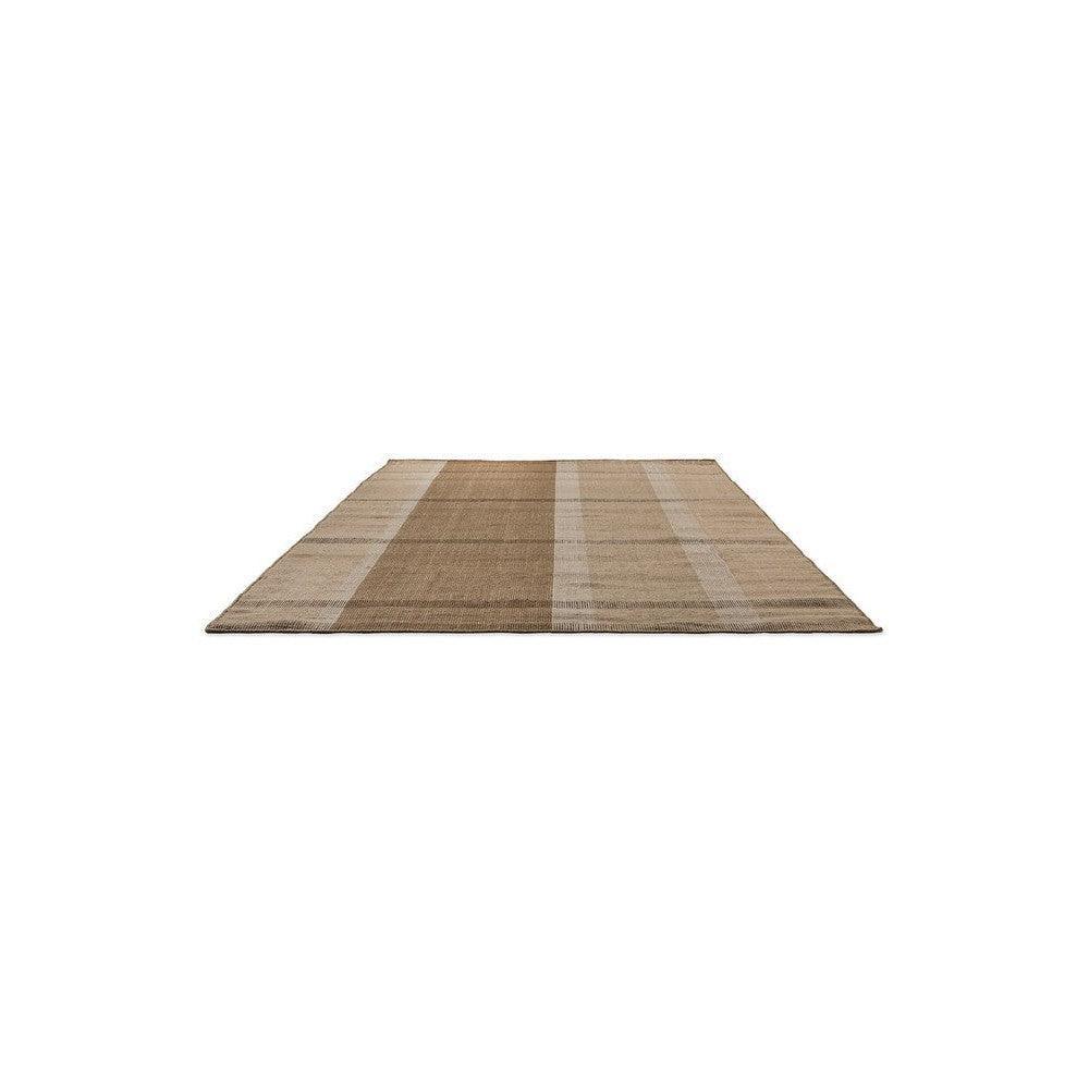 Brink & Campman Zona Cashew Block Stripe Outdoor Rug featuring block stripe in cashew, beige and taupe on white background, power-loomed polypropylene