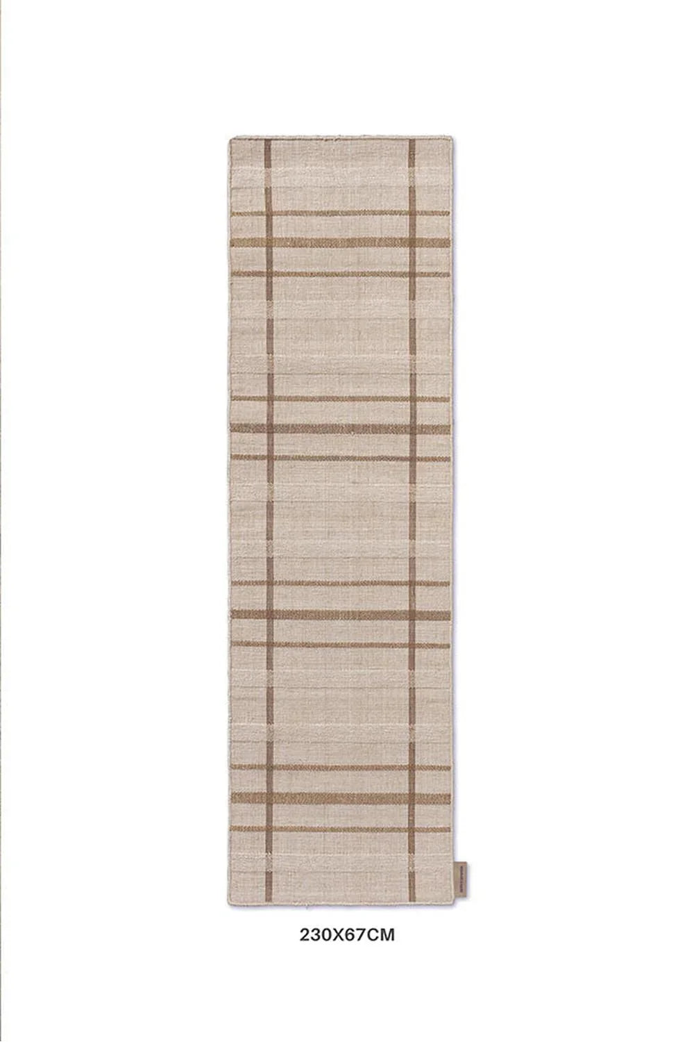 Brink & Campman Zona Sesame Line Runner Designer Outdoor Rug featuring plaid grid pattern in beige, taupe and brown on warm beige background, machine-woven polypropylene